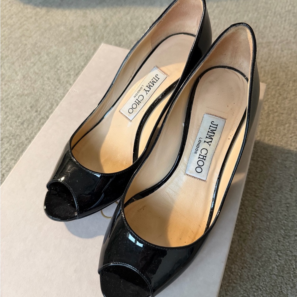 Jimmy Choo Glossy Black Peep Toe Heels